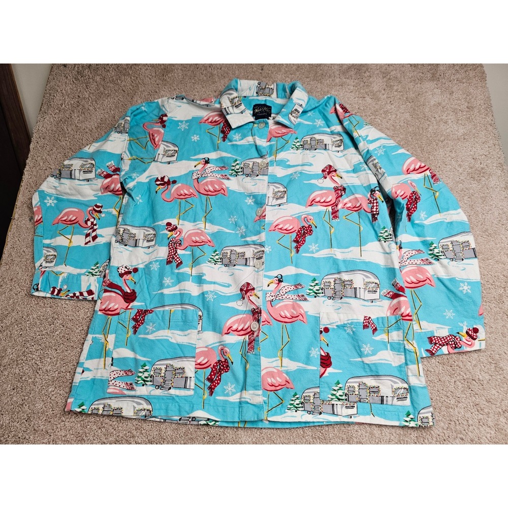 Nick & Nora Womens 3XL Flannel Pajama Set Flamingo Airstream Winter Blue PJs